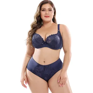 Navy blue plus-size lace bra and panty set with ultra-thin mesh design