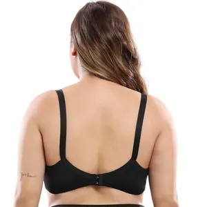Back view of black plus size thin bra with wide straps and hook closure