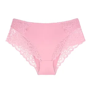 Detailed view of pink high-waisted lace panties with delicate floral patterns