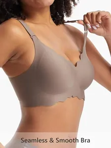 Close-up of a seamless scalloped bra with a smooth finish in mocha brown color.