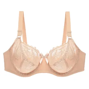 Detail view of a beige plus-size lace bra featuring full coverage cups and bow