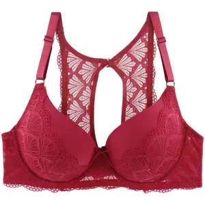 Detail view of red lace full cup bra with elegant racerback design