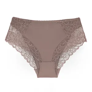 Detailed front view of high-waist lace briefs for women in a soft dusty rose color