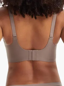 Detailed back view of a mocha seamless plus size bra with adjustable wide straps