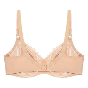 Close-up rear view of plus size nude lace bra featuring three-row hook-and-eye back closure