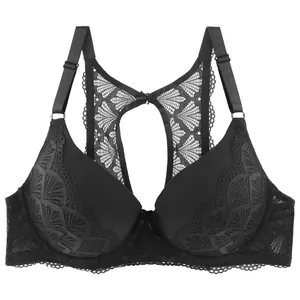 Detailed view of black lace Y-back bra with intricate embroidery and full coverage design