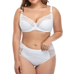 Women Plus Size Lingerie Set Lace Underwired Bra And High Waist Panty Top And Bottom Thin Molded Cup Sexy Botanical Embroidery Underwear