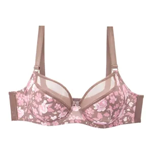 Detail view of a sexy ultra-thin bra featuring pink floral print and breathable mesh panels