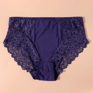 Macro view of high-waisted purple lace panties showing intricate floral patterns