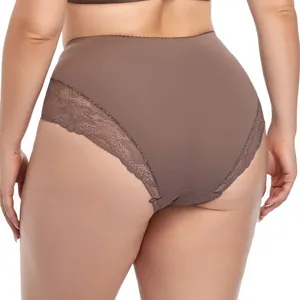 Rückansicht von hoch taillierten Plus-Size-Spitzenslips in elegantem Schokoladenbraun