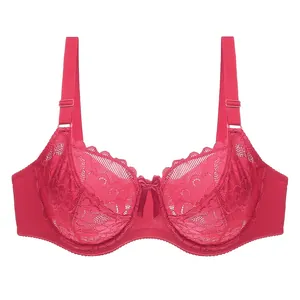 Detailed view of the intricate floral lace and mesh pattern on this plus size bra.