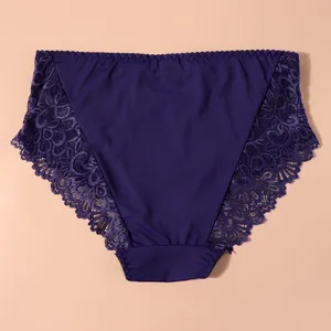 Close-up detail of the elegant floral lace pattern on purple high waist cotton panties