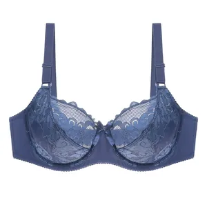 Detailed front view of a plus size navy blue lace bra with adjustable straps