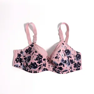 Elegant pink floral print thin cup bra featuring intricate navy blue rose patterns.