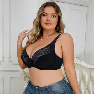 Elegant plus size black lace underwire bra with a sexy push-up effect for women