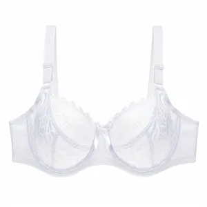 Front detailed view of a white floral lace plus-size thin bra with DE large cups