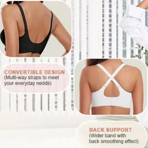 Comfortable plus size seamless wire-free bra with back support and multi-way straps.