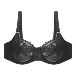 Elegant black lace plus size bra with delicate floral patterns and bow detail.