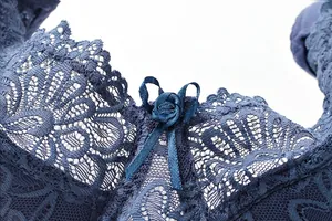 Nahaufnahme der marineblauen Spitze und Bandschleife eines atmungsaktiven BHs in Übergröße