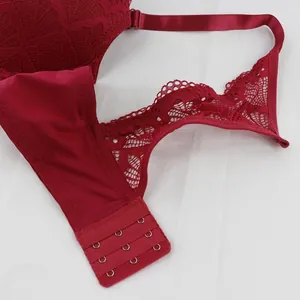 Detailed macro view of a red lace bra featuring three-row hook-and-eye back closure