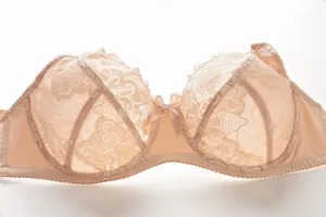 Detailed close-up showing the intricate floral lace and silk bow of this beige plus size bra