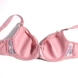 Detailed view of pink floral lace thin cup bra for women showing inner cup structure