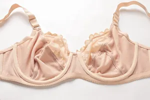 Detailed macro view of plus size lace bra with sheer cups and underwire in nude tone