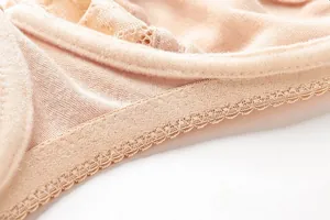 Close-up detail of a nude lace plus size bra showing fine stitching and soft fabric texture
