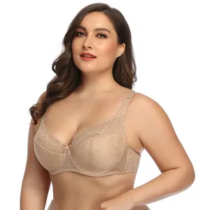 Eleganter atmungsaktiver beiger Floral-Spitzen-BH in Übergröße für Damen mit Push-up