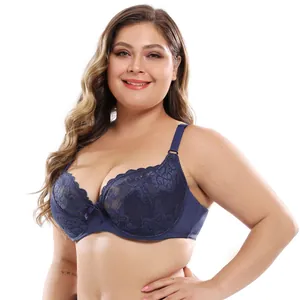 Sexy plus size navy blue lace bra for full figure women featuring large DE cups
