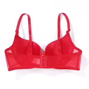 Back view detail of red push-up bra with adjustable straps and mesh side bands