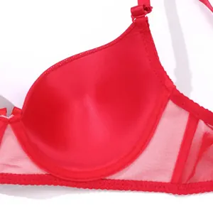 Close-up detail of sexy red push-up bra featuring soft satin cups and mesh side panels