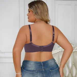 Back view of a plus-size purple lace bra featuring adjustable straps and hook closure