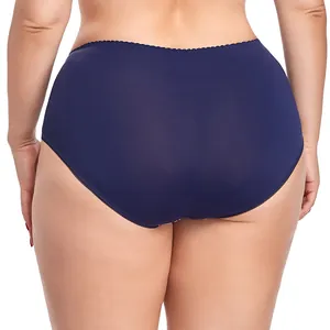 Detailed back view of navy blue plus size high-waisted panties with delicate lace trim details