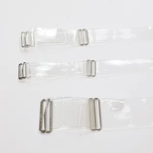 Detail view of transparent TPU bra straps with adjustable metal hooks and buckles.