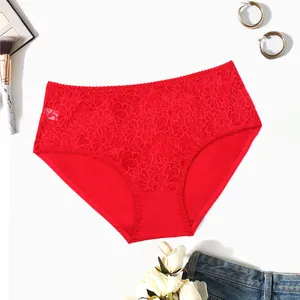 Macro detail of elegant red floral lace panties featuring a comfortable mid-waist design