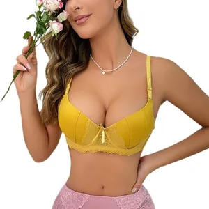 Elegant European style push-up lace bra with bow detail in bright yellow for women