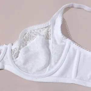 Close-up detail of white lace underwire bra showing intricate floral embroidery patterns