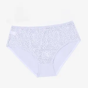 Women's light blue mid-waist briefs with full lace floral pattern design