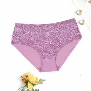 High-quality lavender lace plus size panties featuring delicate floral patterns and mid-waist fit