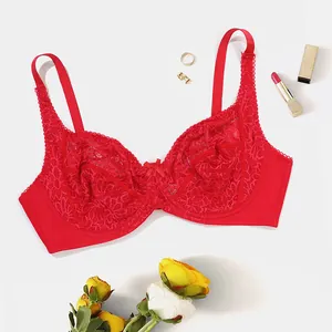 Detailed macro shot of elegant red floral lace underwire bra for women plus size