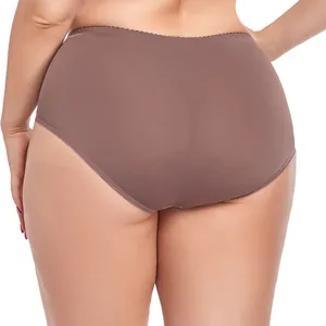 Detailed back view of plus-size high-waisted brown briefs featuring delicate lace trims