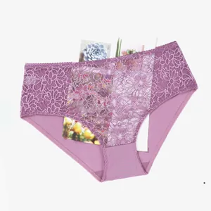 Purple lace panties with floral embroidery and transparent mesh, plus size mid-waist detail.