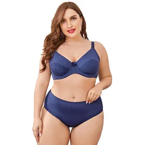 Conjunto de lencería de talla grande azul oscuro con sujetador de copa completa y braga alta