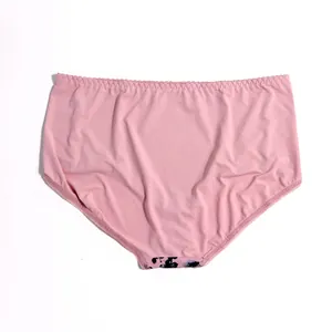 Close-up view of a pink high-waisted plus size lace floral print briefs for women