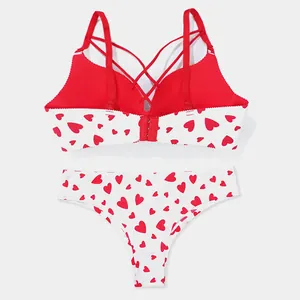 Detail showing the back of the seamless bra set with red heart pattern and cross straps