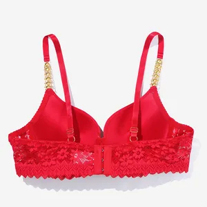 Detail of red sexy lace bra featuring gold metal chain straps and back hook closure