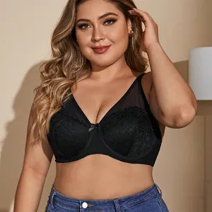 Close-up of black plus size lace bra with underwire, sexy semi-sheer design for women.