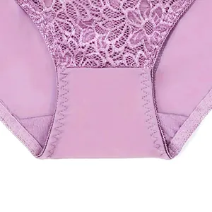 Macro detail of purple floral lace texture and fine stitching on elegant women's panties