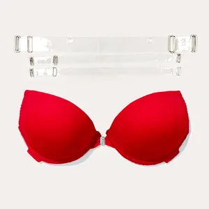 Sujetador push-up rojo con hebilla frontal de cristal y tres tirantes invisibles.